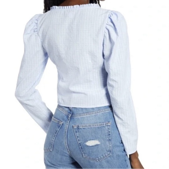 025 - TOPSHOP Light Blue Gingham
Sweetheart Neck Ruffle Puff Sleeve Crop Top 2 - Picture 9 of 12